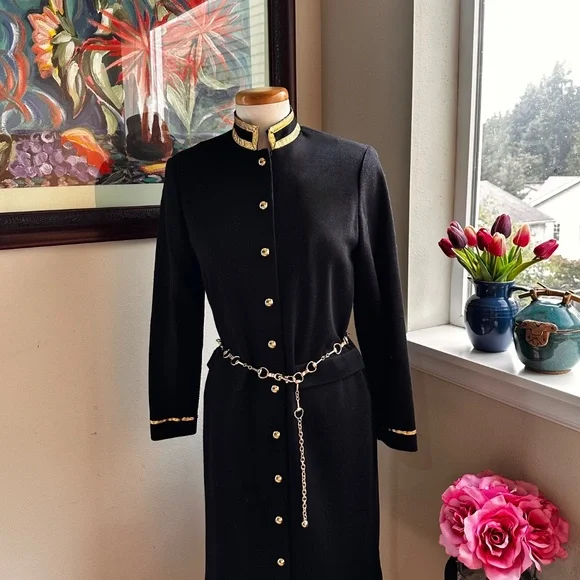 Black and Gold " Military Look" 80s Coat Dress by Leslie Fay Petites - Sz 8 - Picture 14 of 14